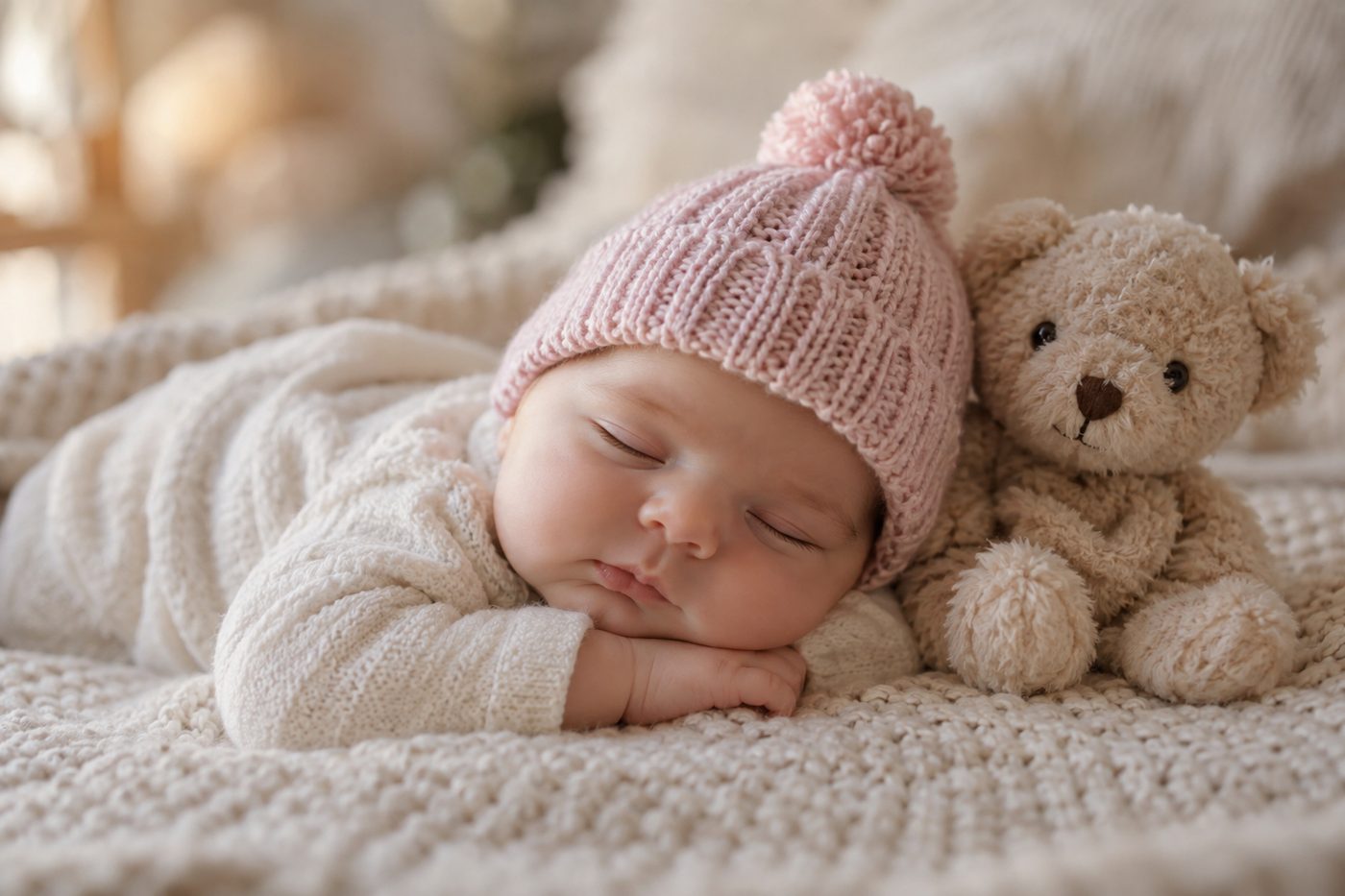 Detalle de sesión newborn: bebé dormido con gorro de punto junto a un osito
