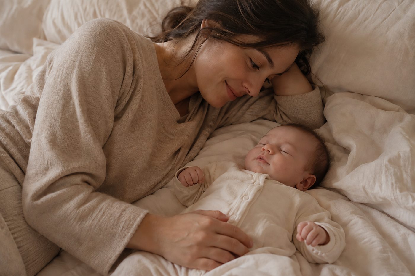 Fotografía de recién nacido en casa: madre tumbada junto a su bebé dormido