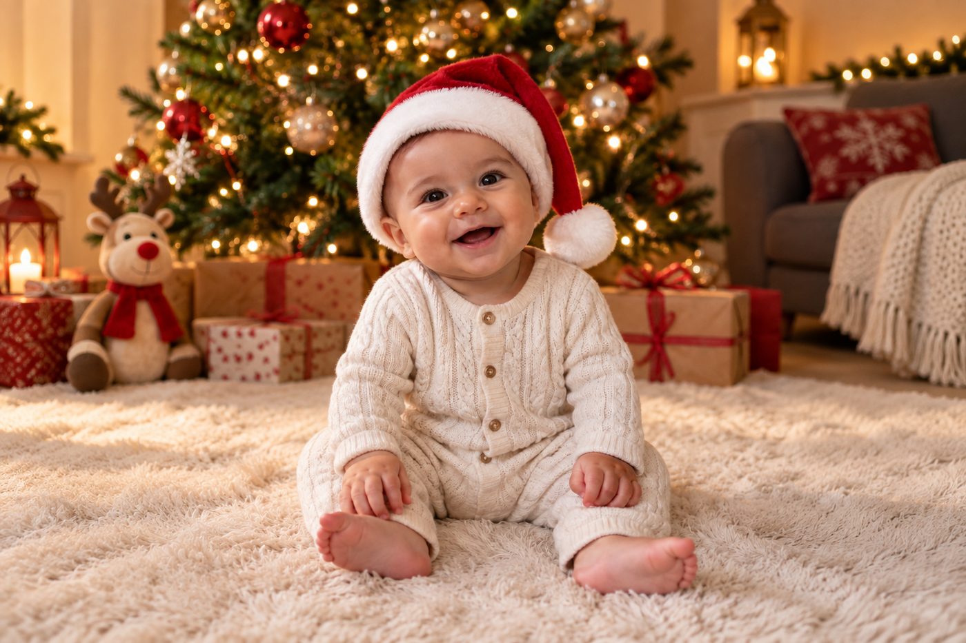 Minisesión de fotos de Navidad a domicilio: bebé con gorro de Papá Noel ante el árbol